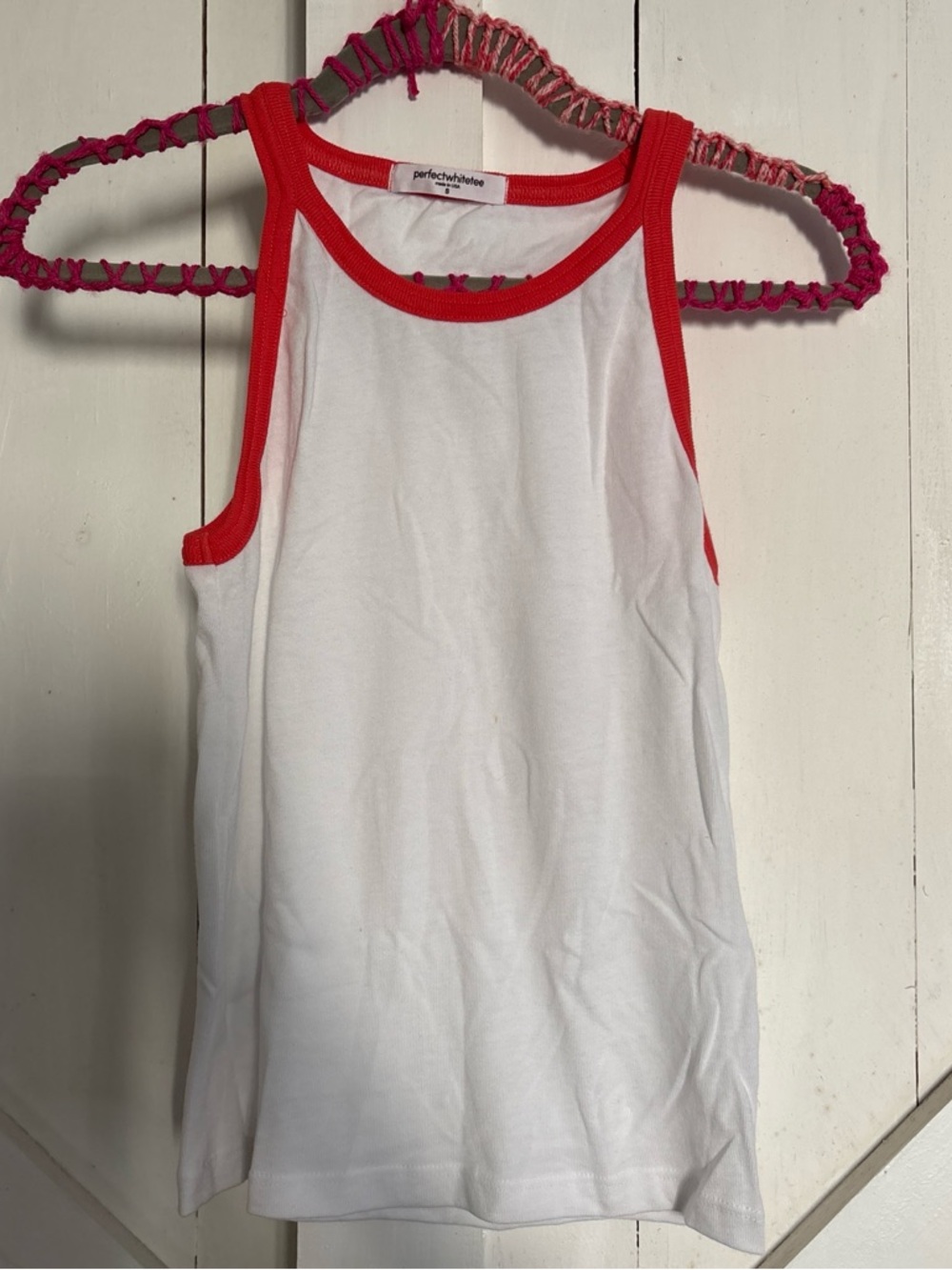 perfectwhitetee White Tank Top with Red Trim